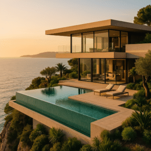Luxury real estate concierge villa with infinity pool and ocean view at sunset.